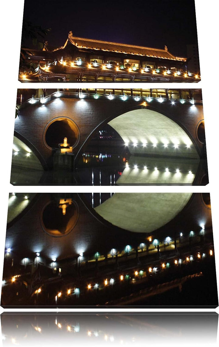 Pixxprint hellerleuchtete chinesische Brücke als Leinwandbild/Grösse: 3 Teilig (120x80) cm/Wandbild/