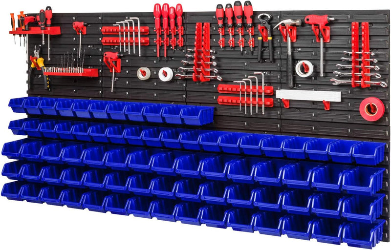 PAFEN Lagersystem - 1544 x 780 mm - Wandregal 75x Blau Stapelboxen und 38 stück Rot Werkzeughalter |