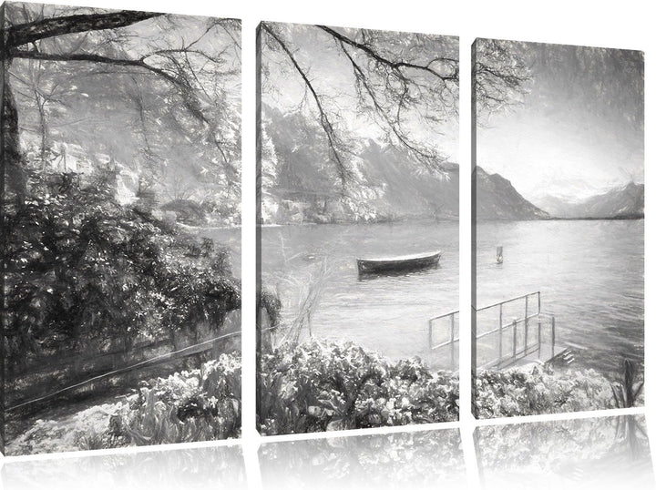 Pixxprint Genfer See im Sonnenschein Kunst / 3-Teilig/Gesamtmass 120cm Leinwandbild bespannt auf Hol
