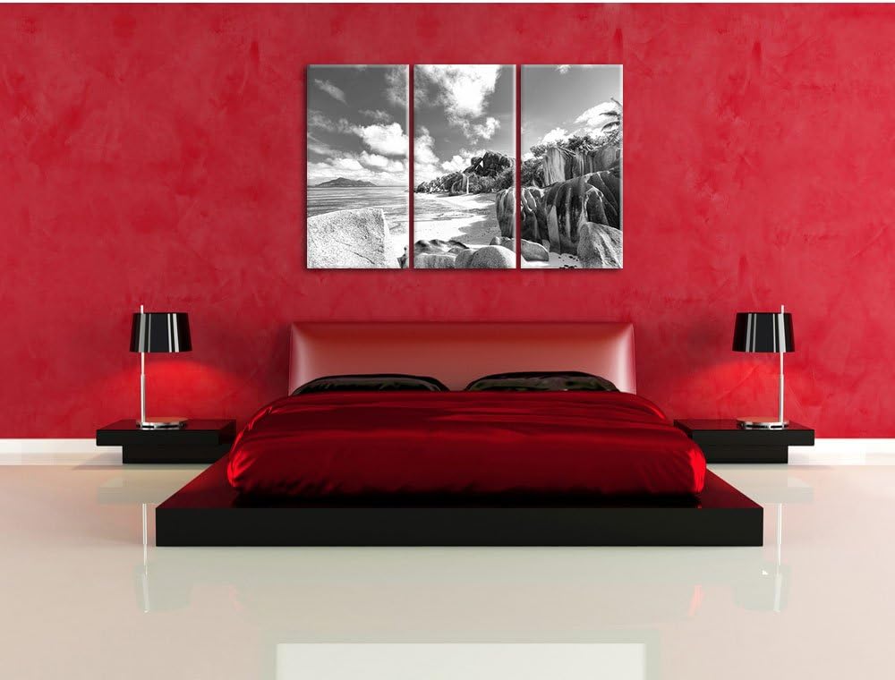 Pixxprint Seychellen Strand Kunst B&W 3-Teiler Leinwandbild 120x80 Bild auf Leinwand, riesige Bilder