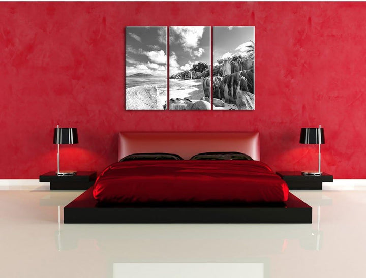 Pixxprint Seychellen Strand Kunst B&W 3-Teiler Leinwandbild 120x80 Bild auf Leinwand, riesige Bilder