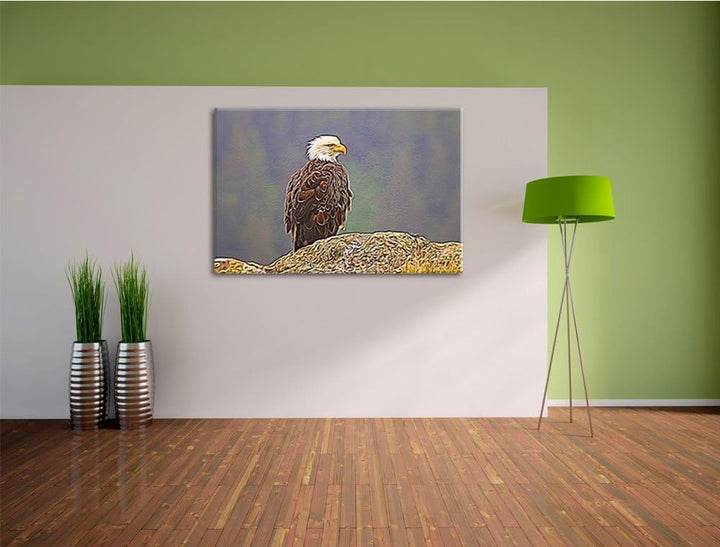 wachsamer Adler auf Fels Spezial Format: 100x70 cm auf Leinwand, XXL riesige Bilder fertig gerahmt m