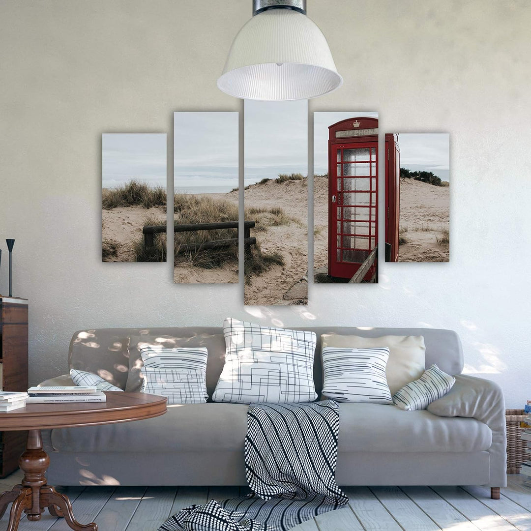 Feeby Bild auf Leinwand Landschaft 5 Teilig Modern Telefonzelle Strand Sand rot 150x100 cm Leinwandb