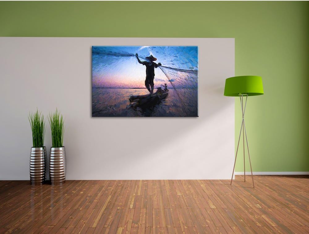 Pixxprint Fischer wirft Sein Netz aus / 100x70cm Leinwandbild bespannt auf Holzrahmen/Wandbild Kunst