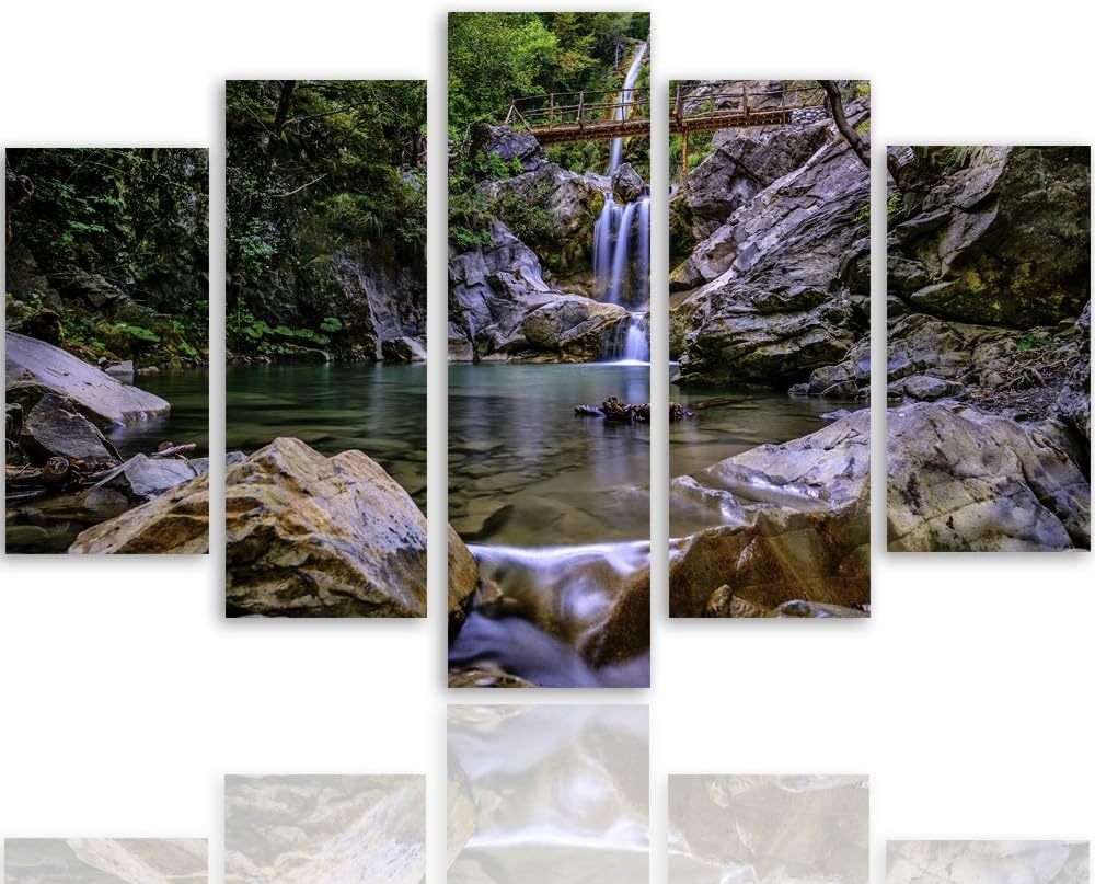 Feeby Leinwandbild Landschaft 5 TLG Bild Kunstdruck Natur Wasserfall Wald bunt 100x70 cm Leinwandbil