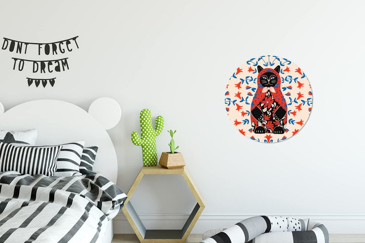 MuchoWow Wandbild Rund Wanddeko Deko Wohnzimmer Bilder 30x30 cm Matrjoschka - Blumen - Katze, 30x30