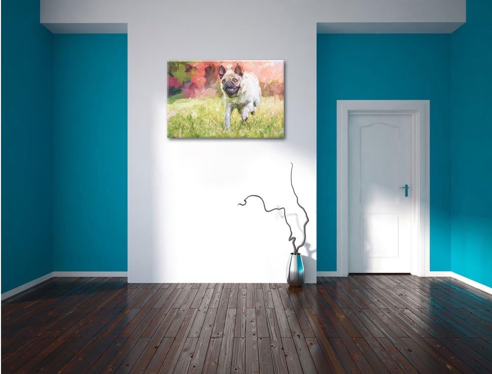 Pixxprint Rennender Mops Kunst / 100x70cm Leinwandbild bespannt auf Holzrahmen/Wandbild Kunstdruck D