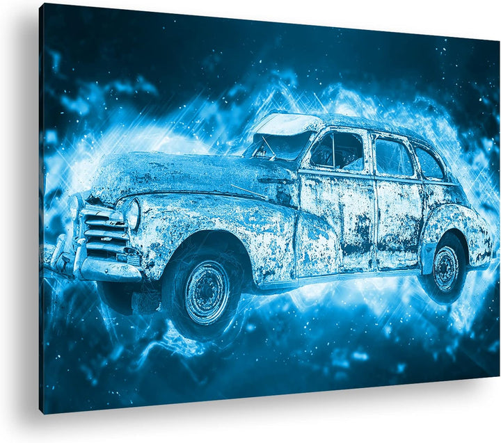deyoli alter verrosteter Oldtimer Format 60x40 Effekt: Monocrome Blau als Leinwandbild, Motiv fertig