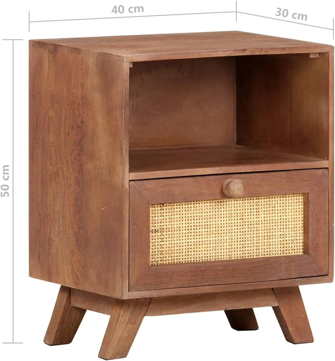 Tidyard Nachttisch Nachtschrank Kommode mit Schublade und Regal Massives Mangoholz & Naturgeflecht 4