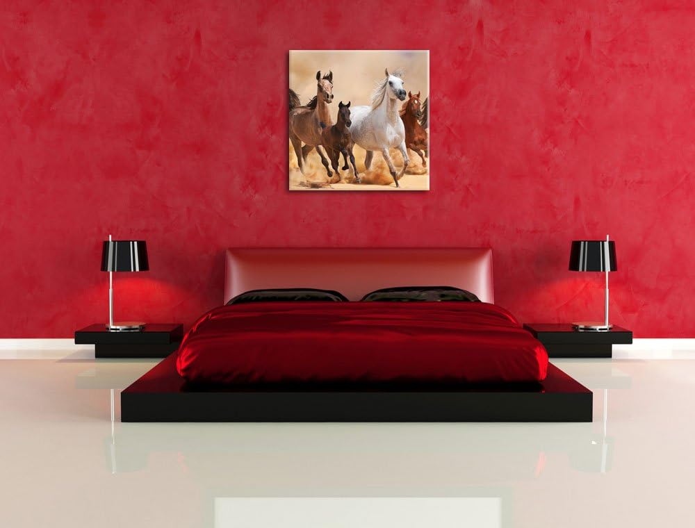 Pixxprint Western Pferde mit Fohlen als Leinwandbild/Grösse: 70x70 cm/Wandbild/Kunstdruck/fertig bes