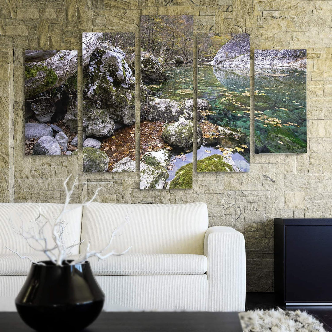 Bilder Modern Landschaft 5 Teilig Design Art Fluss Wald Steine bunt 100x70 cm Deco panel 100x70 cm H