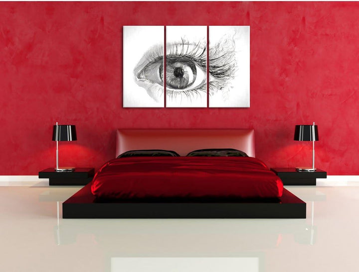 Pixxprint Grünes Auge Kohle Effekt 3-Teiler Leinwandbild 120x80 Bild auf Leinwand