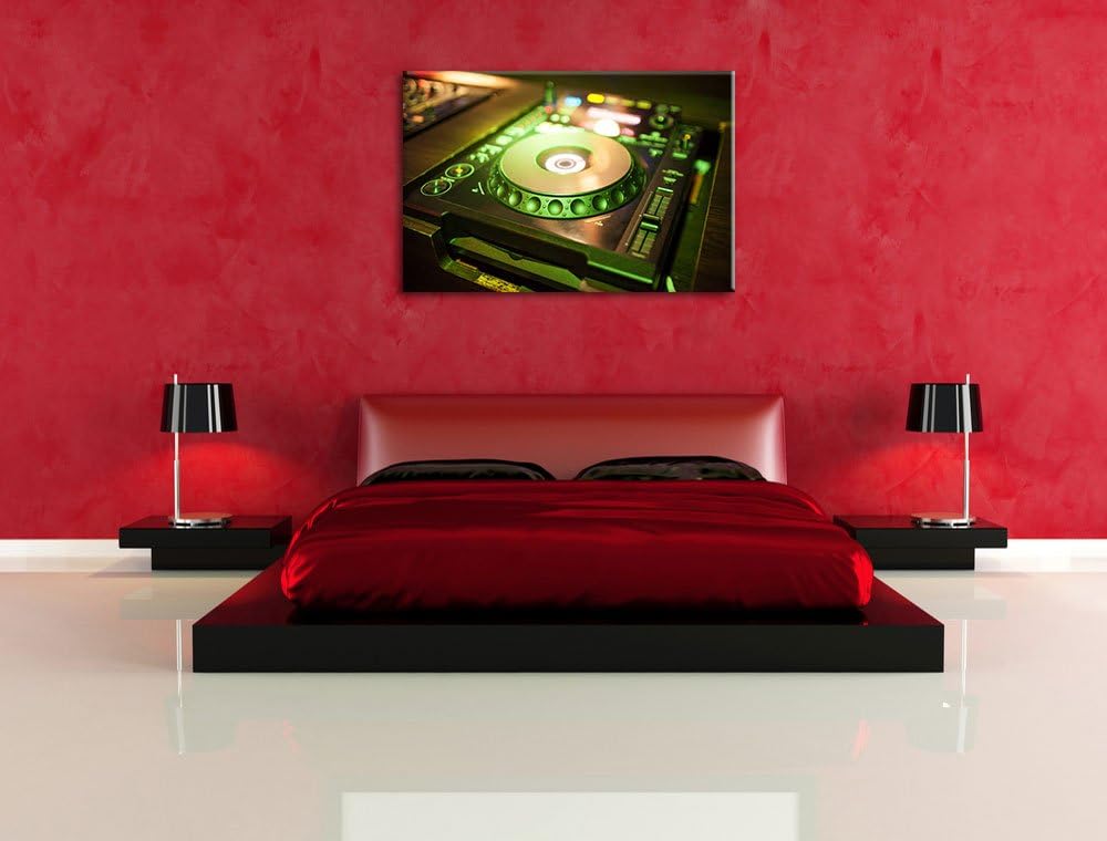 Grün beleuchteter DJ Pult, Format: 100x70 auf Leinwand, XXL riesige Bilder fertig gerahmt mit Keilra