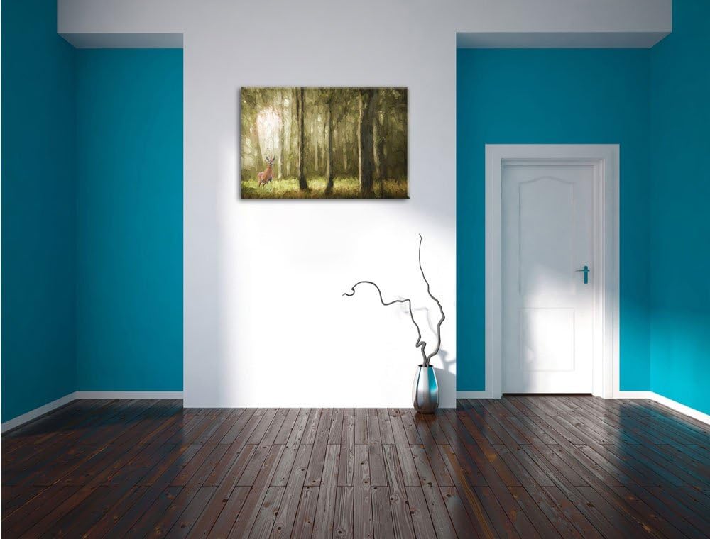 Pixxprint Einsamer Hirsch im tiefen Wald Kunst Pinsel Effekt, Format: 100x70 auf Leinwand, 100x70