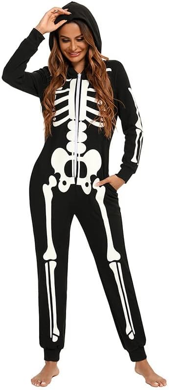 thematys Skelett Horror Jumpsuit Onesie mit Kapuze | Erwachsene | Halloween | Mottowoche | Karneval