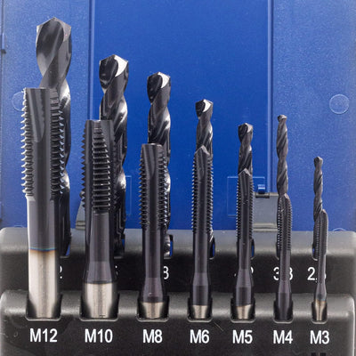 WSH-TOOLS Maschinengewindebohrer Set Durchgangsloch M3, M4, M5, M6, M8, M10, M12 HSSE-Co5 Kunststoff