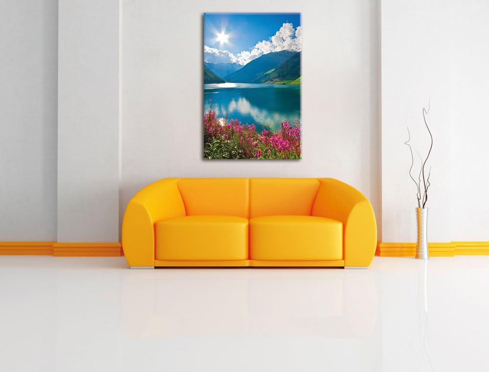 Blumenwiese am Bergsee, Format: 100x70 auf Leinwand, XXL riesige Bilder fertig gerahmt mit Keilrahme