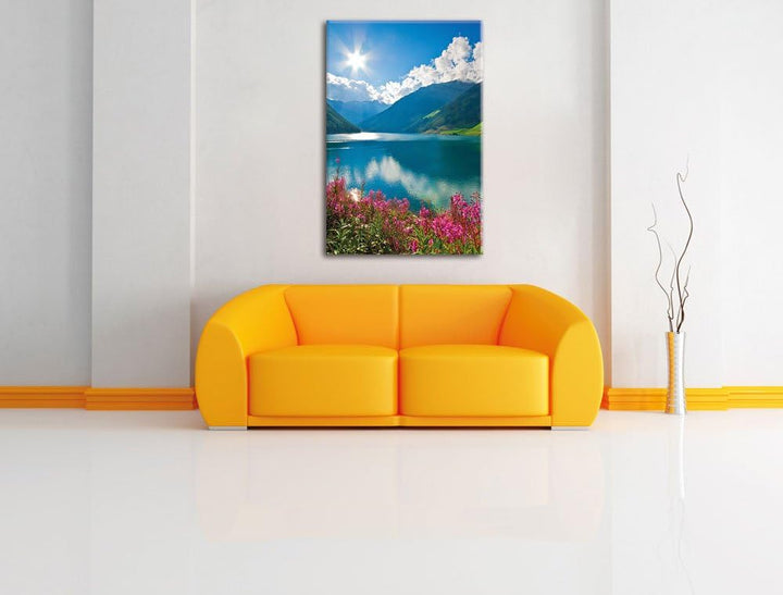 Blumenwiese am Bergsee, Format: 100x70 auf Leinwand, XXL riesige Bilder fertig gerahmt mit Keilrahme
