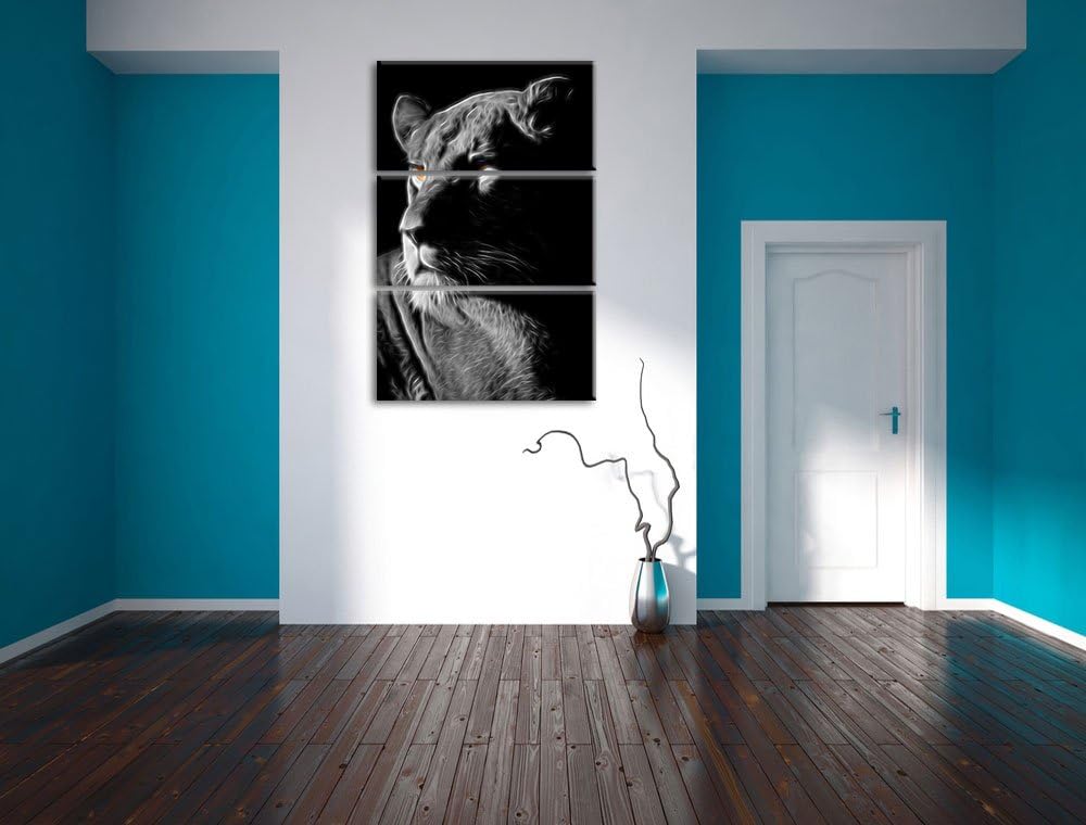 Dark prächtige Löwin schwarz/weiss Deluxe 3-Teiler Leinwandbild 120x80 Bild auf Leinwand, XXL riesig