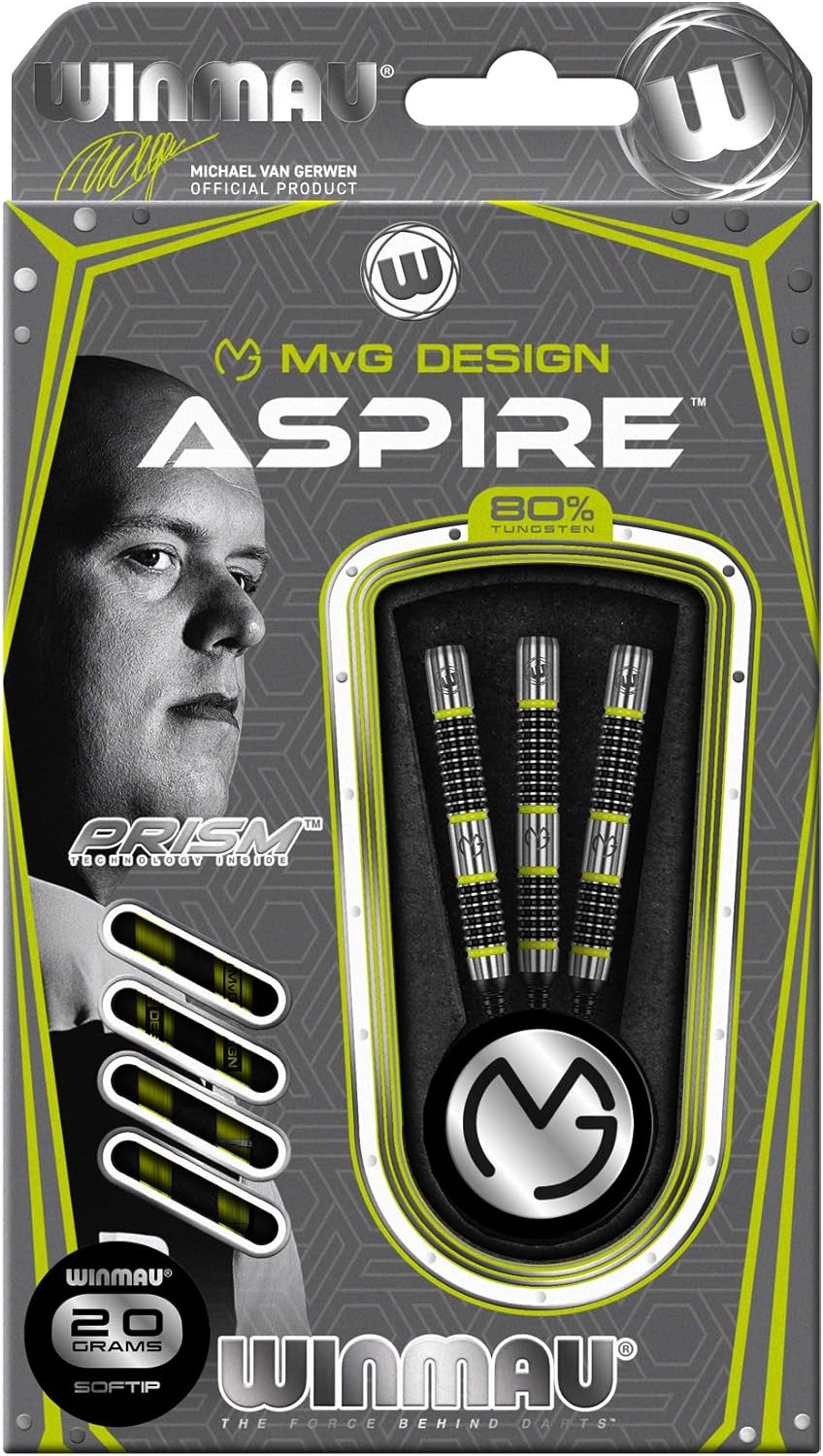WINMAU Michael Van Gerwen MvG Aspire 20g Profi Wolfram Softip Dartpfeile Set mit Flights und Schäfte
