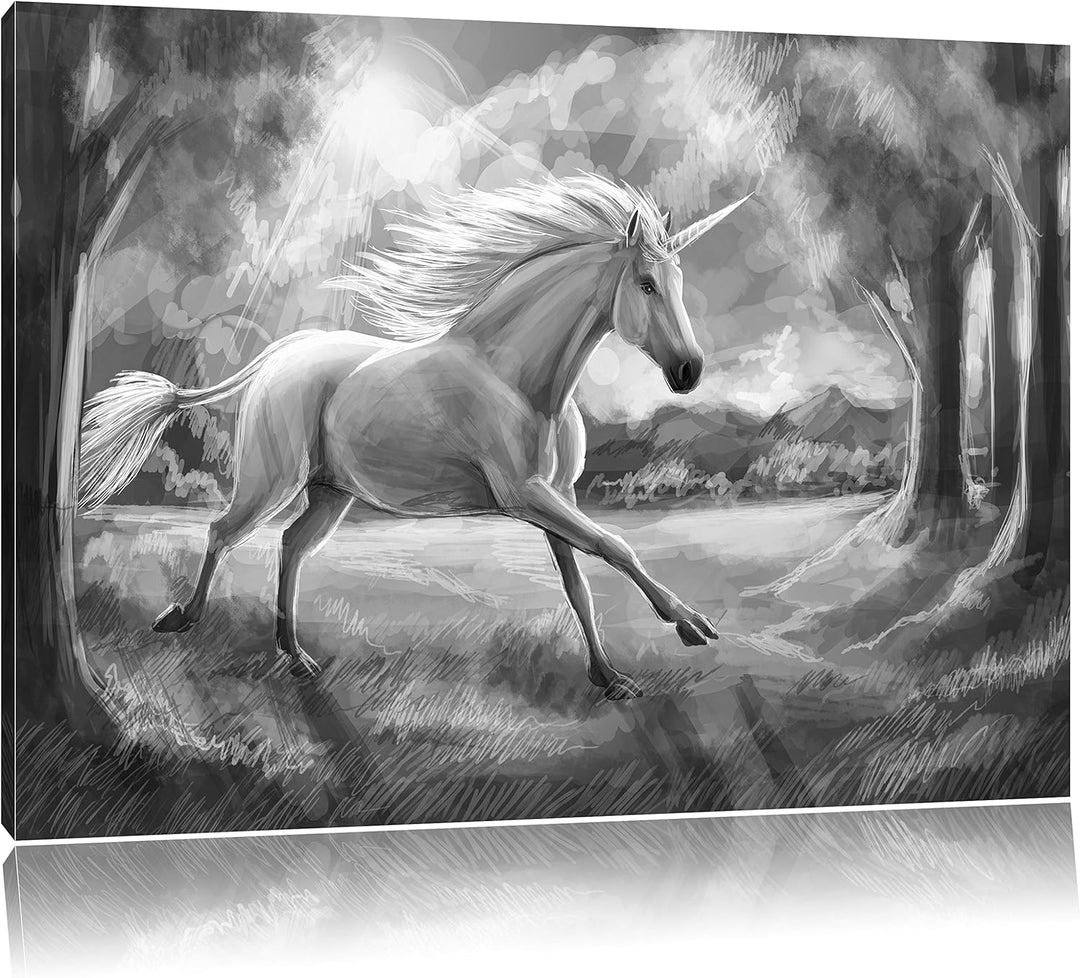 Pixxprint Einhorn im Wald B&W / 100x70cm Leinwandbild bespannt auf Holzrahmen/Wandbild Kunstdruck De
