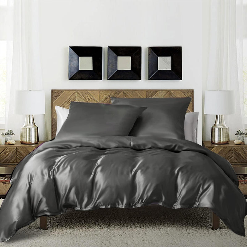 Bettwäsche Set 135x200 Grau Anthrazit Dunkelgrau Satin Glänzend Seide Glatt Glanzsatin Uni Bettwäsch