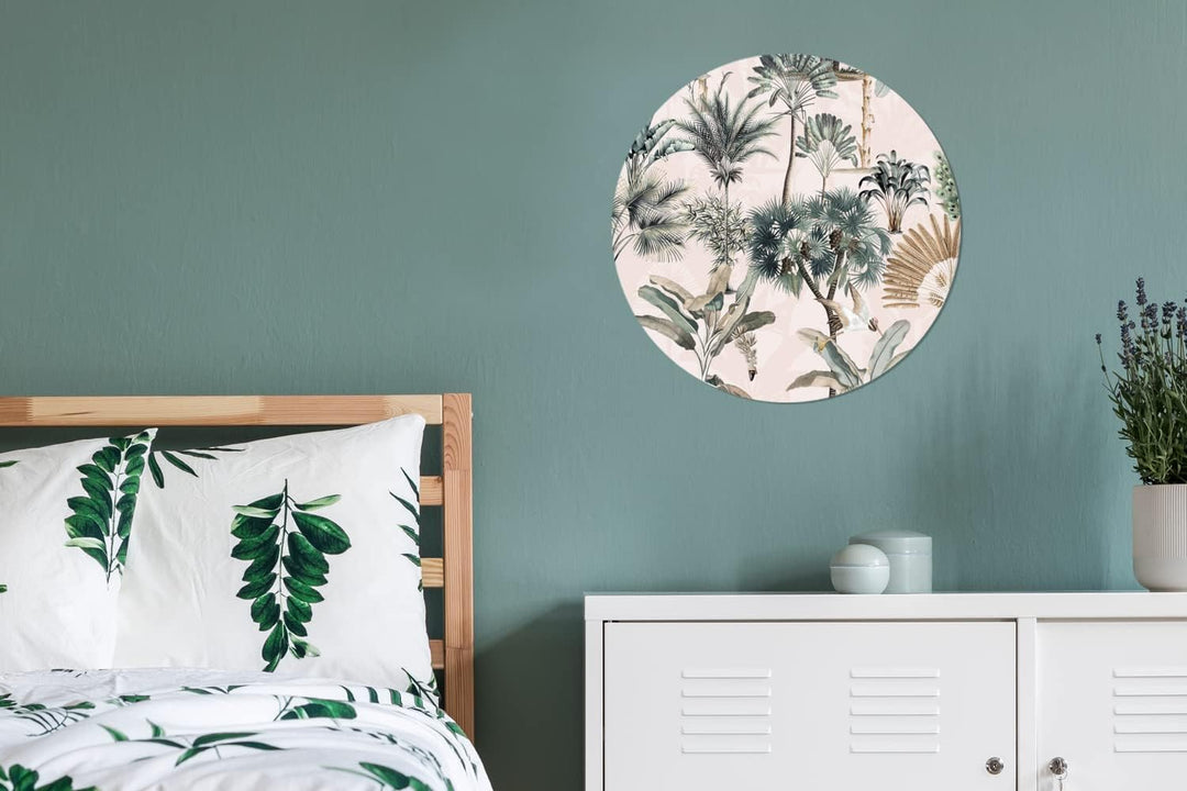 MuchoWow Wandbild Rund Wanddeko Deko Wohnzimmer Bilder 60x60 cm Blätter - Monstera - Dschungel - Tro