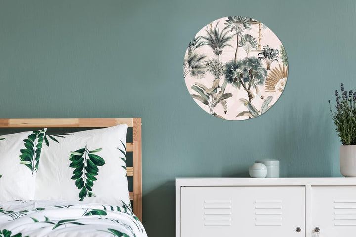 MuchoWow Wandbild Rund Wanddeko Deko Wohnzimmer Bilder 60x60 cm Blätter - Monstera - Dschungel - Tro