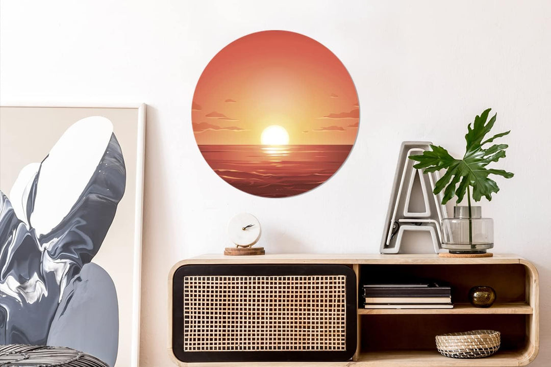 Wandbild Rund Wanddeko Deko Wohnzimmer Bilder 60x60 cm Meer - Sonne - Orange, 60x60 cm