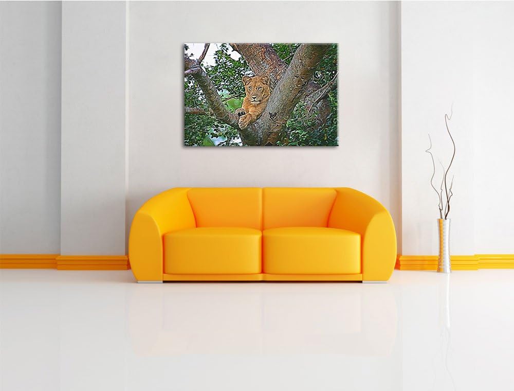 schöne Löwin auf Baum Deluxe Format: 100x70 cm auf Leinwand, XXL riesige Bilder fertig gerahmt mit K