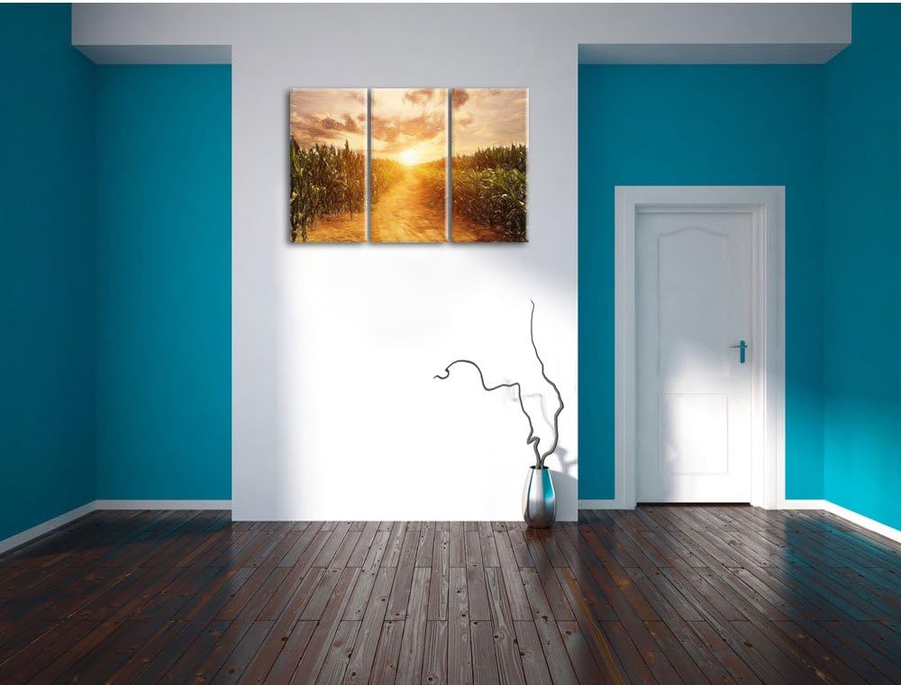 Pixxprint Pfad durch sonniges Feld Kunst Buntstift Effekt 3-Teiler Leinwandbild 120x80 Bild auf Lein
