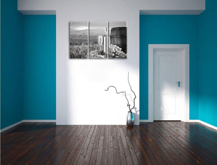 Pixxprint Weinreben mit Weinflasche und Fass Kohle Zeichnung Effekt 3-Teiler Leinwandbild 120x80 Bil