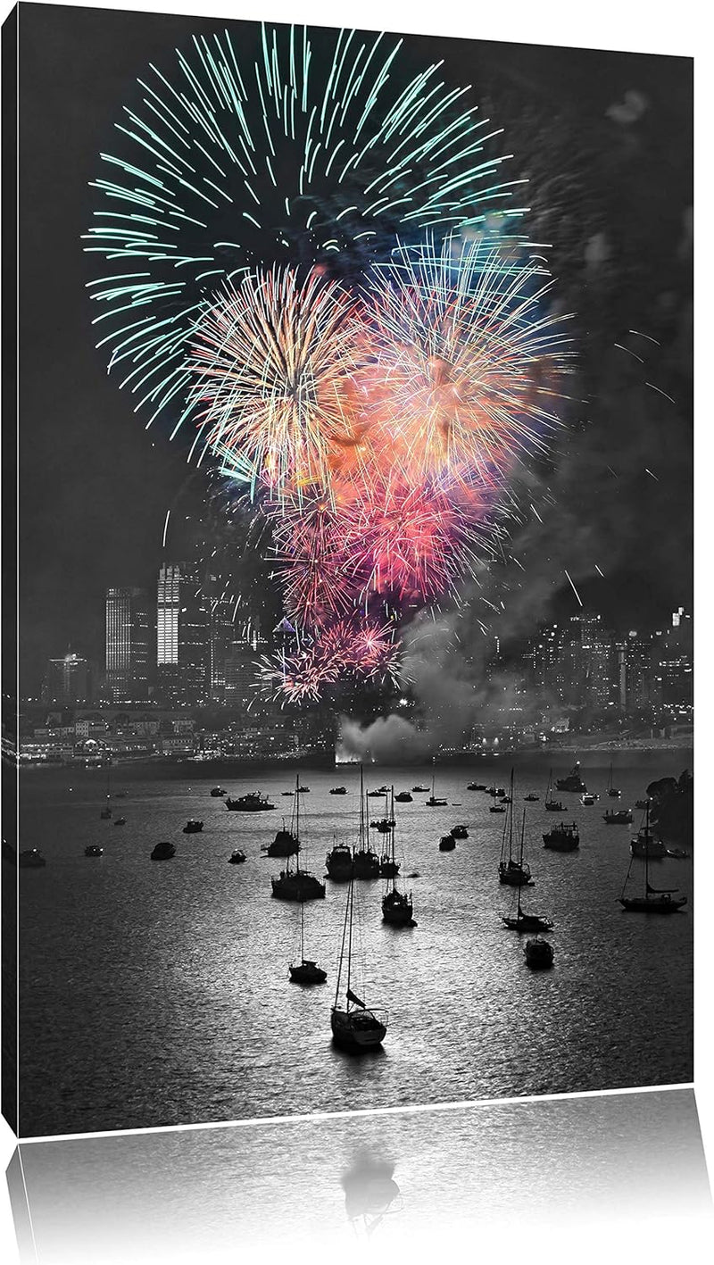 atemberaubendes Feuerwerk über Meer schwarz/weiss Format: 100x70 auf Leinwand, XXL riesige Bilder fe