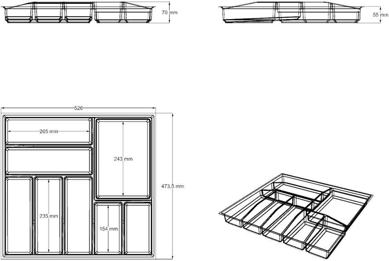 Generic Lana Solution Besteckeinsatz für 60er Schublade, 473,5 mm x 526 mm, Silber Silber 526 mm x 4