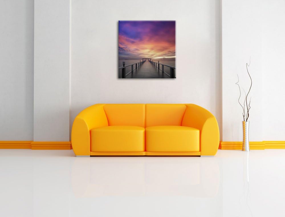 Pixxprint Endloser Steg ins Meer im Sonnenuntergang Schwarz/Weiss, Format: 70x70 auf Leinwand, 70x70
