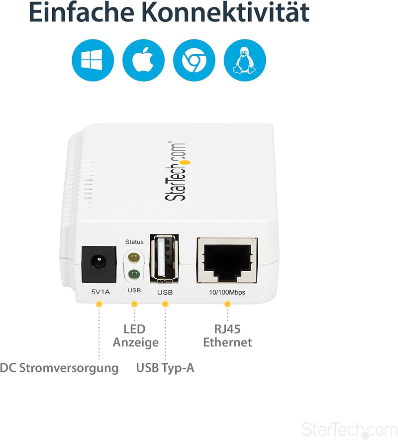 StarTech.com 1 Port USB WLAN 802.11 b/g/n Printserver mit 10/100 Mb/s Ethernet Anschluss - Wireless-