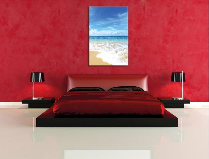 Pixxprint Sand Strand Wellen Sonne / 100x70cm Leinwandbild bespannt auf Holzrahmen/Wandbild Kunstdru