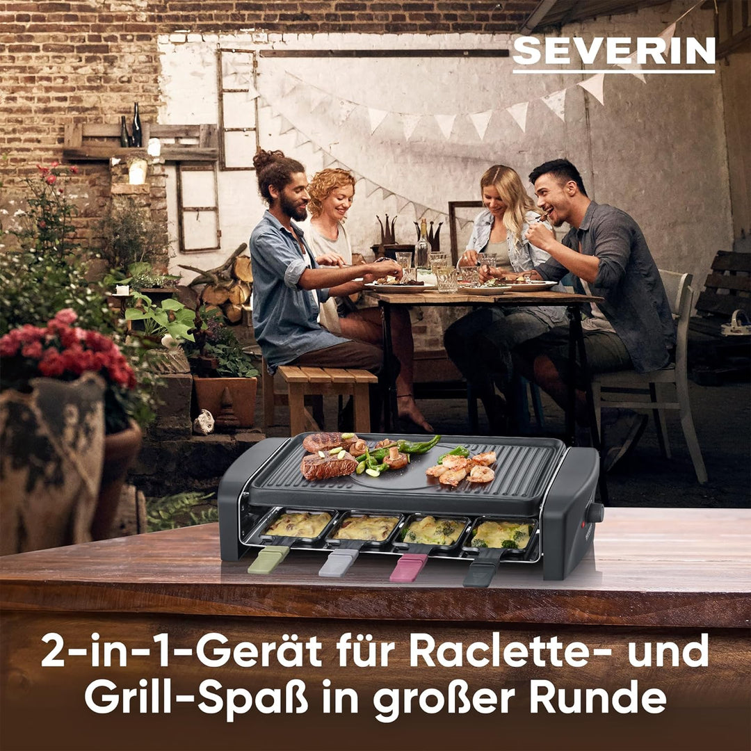 SEVERIN Raclette-Grill, Raclette mit grosser antihaftbeschichteter Grillplatte und 8 Raclette Pfännc