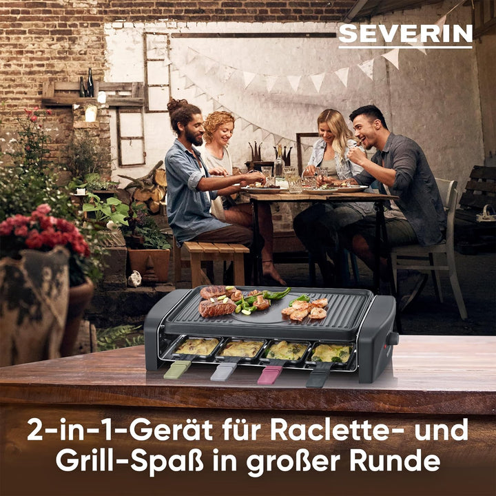 SEVERIN Raclette-Grill, Raclette mit grosser antihaftbeschichteter Grillplatte und 8 Raclette Pfännc