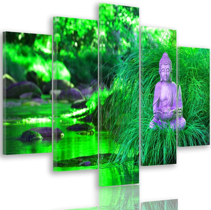 Feeby Bilder Abstrakt 300x140 cm Leinwandbild 5 Teilig XXL Kunstdruck modern Buddha grün Leinwandbil