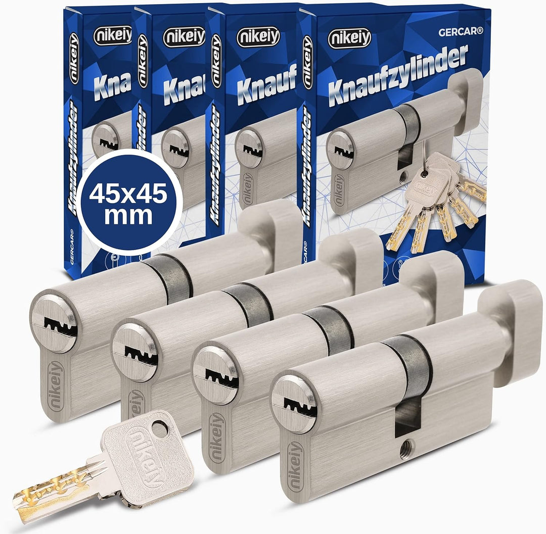 GERCAR Pro Knaufzylinder 45/45 Massiver Schliesszylinder gleichschliessend mit Knauf - 4er Set Zylin