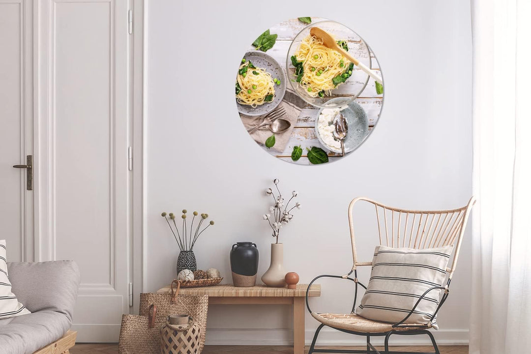 MuchoWow Wandbild Rund Wanddeko Deko Wohnzimmer Bilder 90x90 cm Nudeln - Basilikum - Kochen, 90x90 c