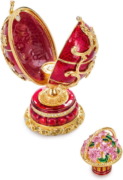 danila-souvenirs Fabergé-Stil Ei Spieluhr Schmuckkästchen Frühlingsblumen mit Korb der Blumen 16,5 c