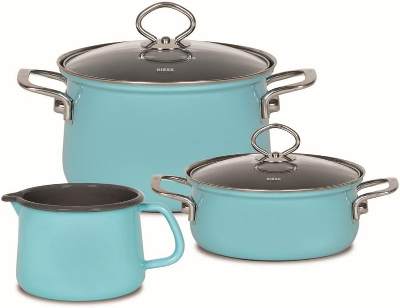 Riess, 0520-037, Starter-Set, Kochtopf-Set, NOUVELLE KRISTALLBLAU, 3-teilig, Fleischtopf 20 cm, Kass