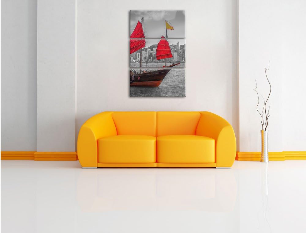 Pixxprint Segelschiff mit roten Segeln als Leinwandbild/Grösse: 3 Teilig (120x80 cm) cm/Wandbild/Kun