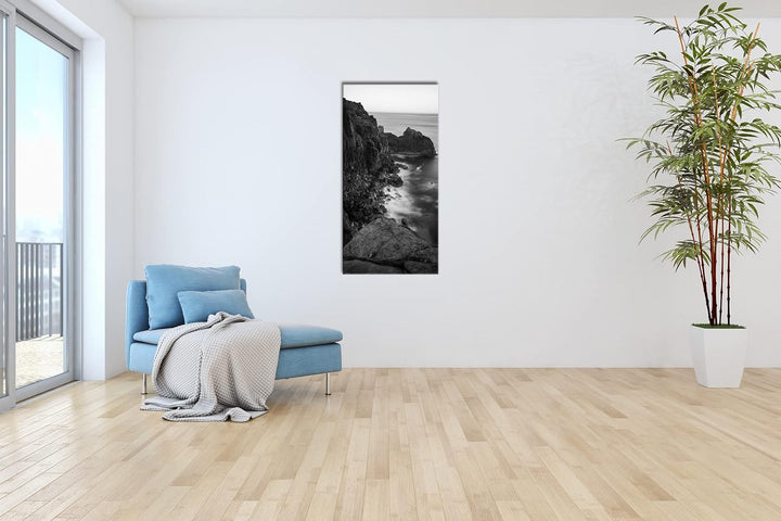 felsiger Abgrund ins Meer Panorama 100x50 cm Effekt: Schwarz/Weiss als Leinwandbild, Motiv fertig ge