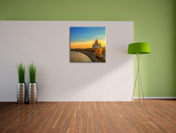 Sonnenuntergang in Moskau, Format: 70x70 auf Leinwand, XXL riesige Bilder fertig gerahmt mit Keilrah