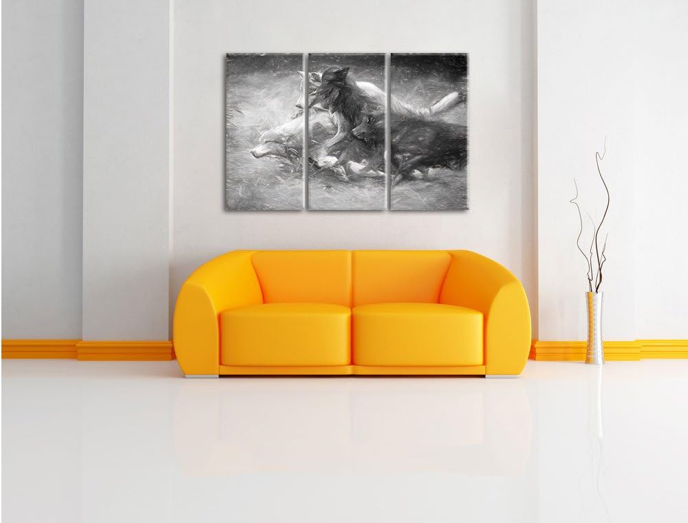 Pixxprint Tobendes Wolfsrudel als Leinwandbild/Grösse: 3 Teilig (120x80) cm/Wandbild/Kunstdruck/fert