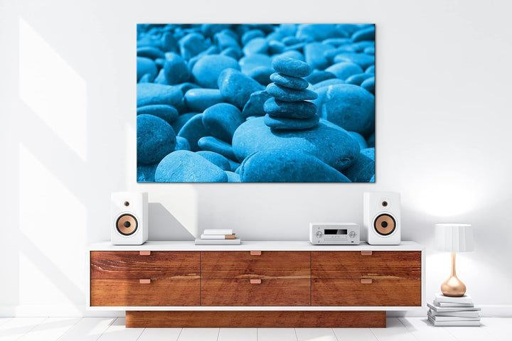 deyoli bunte Meditations Steine Format 80x60 Effekt: Monocrome Blau als Leinwandbild, Motiv fertig g