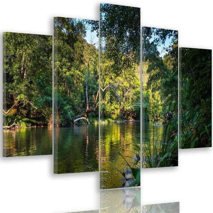 Feeby Bild auf Leinwand Landschaft 5 Teilig Modern Wald Bäume Wasser grün 150x100 cm Leinwandbild 15